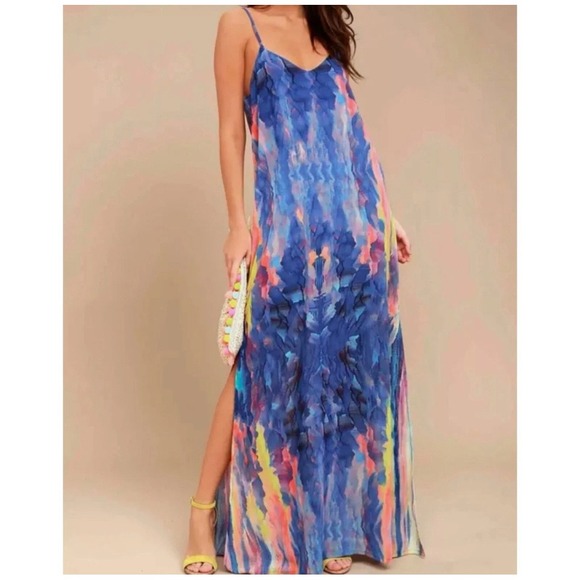 Lulus Maxi Slip Dress Watercolor Print Sleeveless V Neck Side‎ Slit Flowy XS - Picture 1 of 12